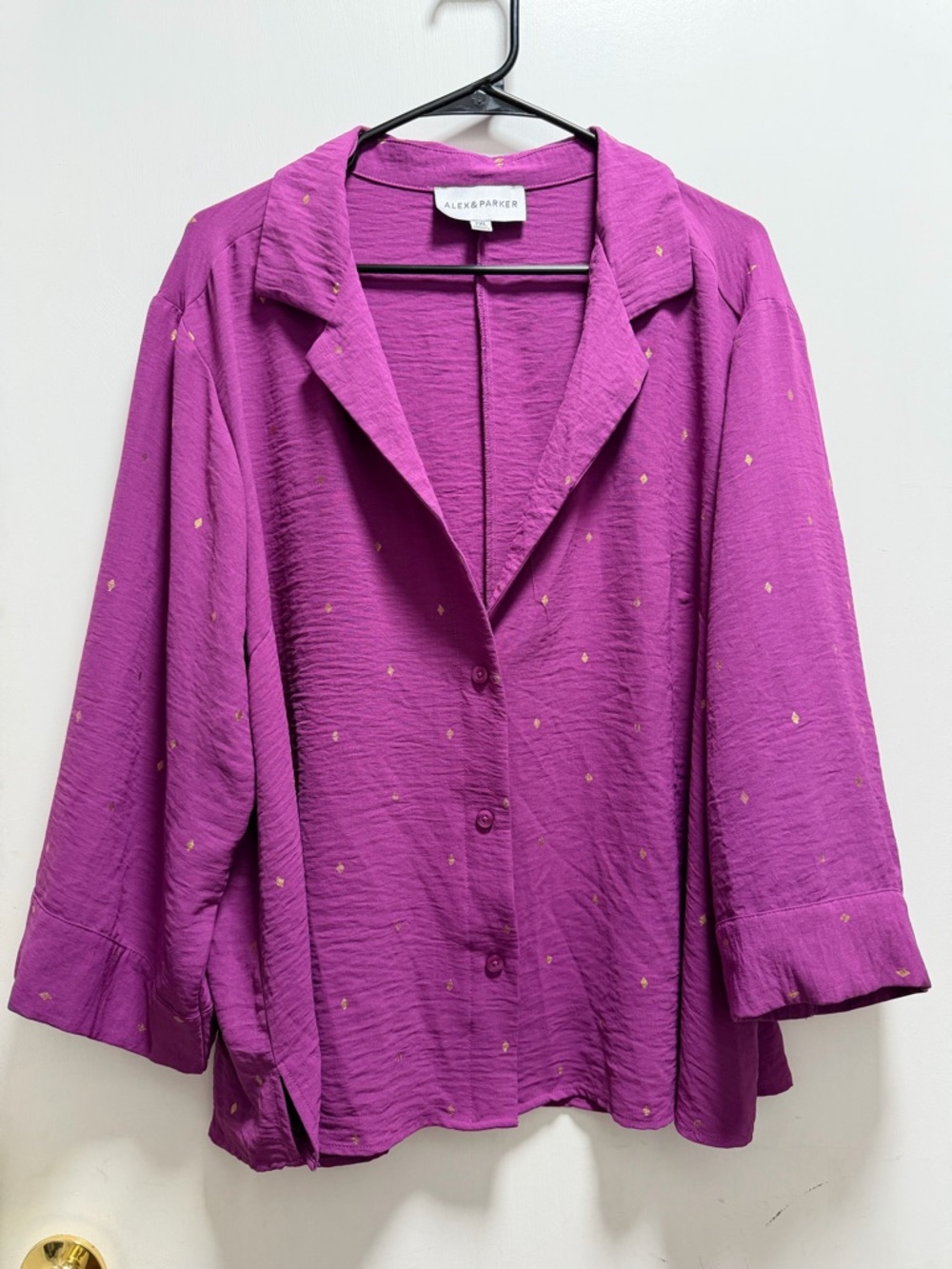 Alex & Parker Womens Flowy Blouse 2XL Purple Gold Foil Accents Button Front Flaw